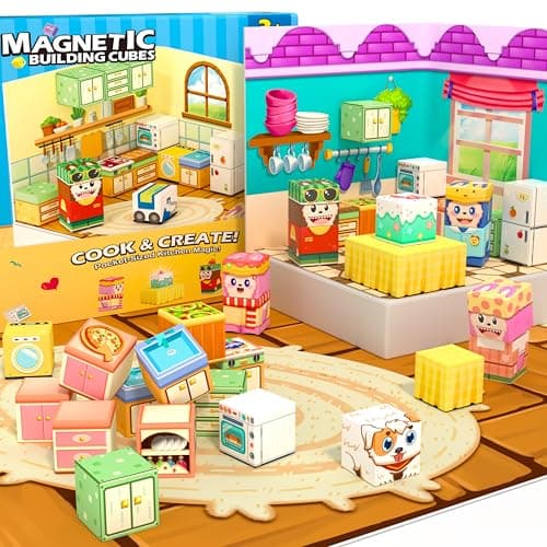 Gooidea Magnetic Blocks - 2-in-1 Magnetic Building Blocks, Creative Building Craft, Sensory Clicking & Rustling, Travel Toys, Kids Toys Games, Pocket-Sized Kitchen Magic Display - Image 1