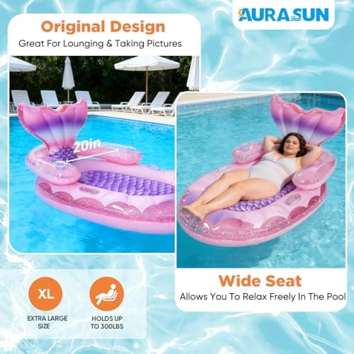 Mermaid Pool Float Bed for Adults - 63" X 39" Premium Inflatable Lounger with Backrest & Cup Holder, Glitter Interior, Comfortable Sunbathing Raft with Handles for Party Pool Beach Lake (Pink) - Thumbnail 5