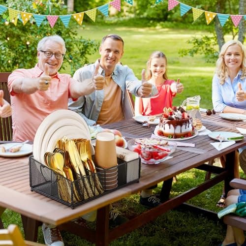 Cairondin Large Paper Plate and Silverware Caddy for Countertop Party Picnic Camping, Plastic Cutlery Holder Organizer for Disposable Plate Cup Flatware Utensil Napkin, Black - Thumbnail 6