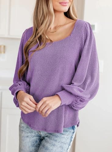 Dokotoo Womens Shirts Fall Casual Long Sleeve Square Neck Solid Pullover Ladies Waffle Striped Knitted Sweatshirt Womens Clothes Autumn Winter Tunic Blouses Purple Large - Thumbnail 4