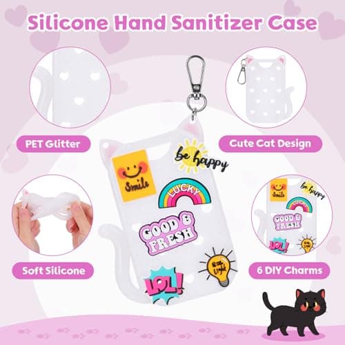 FunisFun Glitter Silicone Holder Case Compatible with Hand Sanitizer Spray 1 Fl. OZ., Adorable Cat-Shaped Keychain with 6 Charms (White) - Thumbnail 3
