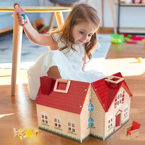 Foldable Wooden Dollhouse with 13PCS Furniture, 4 Rooms and 2 Flexible Dolls, Pretend Play Doll House Set with Portable Handle, Christmas Birthday Gift for Boys Girls Age 3+ - Thumbnail 2
