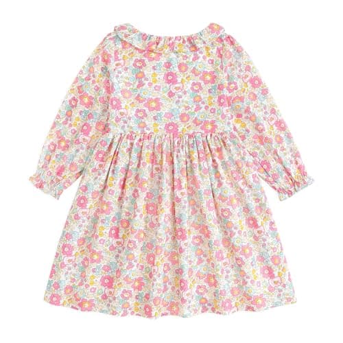 Curipeer Little Baby Girls Long Sleeve Floral Casual Dress Handmade Smocking Toddler Ruffle Dress for Autumn and Spring Pink 3T - Thumbnail 3