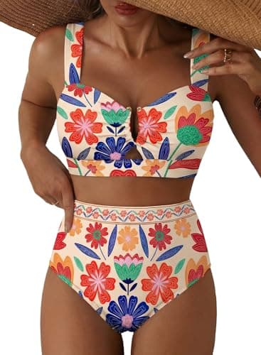 Herseas Women's High Waisted Modest Bikini Sets Chic U Wire Cutout Swimsuits Tummy Control Push Up Wide Straps Bathing Suit Sporty 2 Piece Sets Summer Vacation Essentials Orange Floral XX-Large - Image 1
