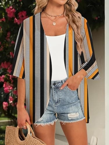 GKBK Women's Floral Print Puff Sleeve Kimono Cardigan Beachwear Capes Loose Cover Up Casual Blouse Tops Black Khaki Stripes XL - Thumbnail 2