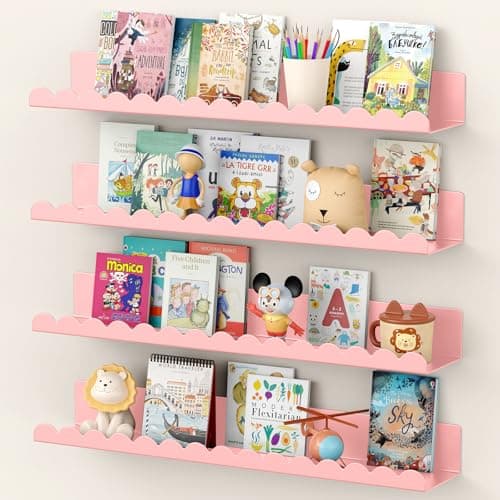 Gattlukd Floating Shelves for Wall, 23 Inch Metal Nursery Book Shelves 4 Pack, Wall Mounted Book Shelf for Kids Room, Bedroom, Bathroom, Playroom Decor (Pink) - Image 1