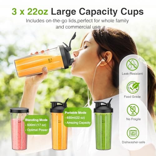 KOIOS Blender for Smoothies,Personal Blender for Shakes and Smoothies with 3 * 22oz To-Go Cups,22000 RPM Smoothie Maker,Detachable 6-leaf Blade Portable Blenders for kitchen,Black - Thumbnail 2
