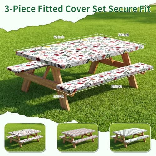 Nimalpal Picnic Table Cover with Bench Covers and Bag - Outdoor Camping Accessories Waterproof Camping Tablecloth with Elastic Edges Fitted Rectangle Tables and Seats - Thumbnail 2