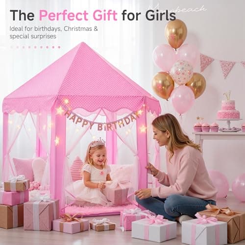 Monobeach Princess Tent Girls Large Playhouse Kids Castle Play Tent with Star Lights Toy for Children Indoor and Outdoor Games, 55'' x 53'' (DxH) (Pink Princess with Play Mat) - Thumbnail 6