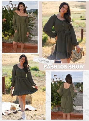 Dokotoo Womens Elegant Dresses 2026 Fashion Crewneck Long Sleeve Empire Waist Dress Casual Ruffle Trim Smocked Flowy Mini Dress Green Small - Thumbnail 6