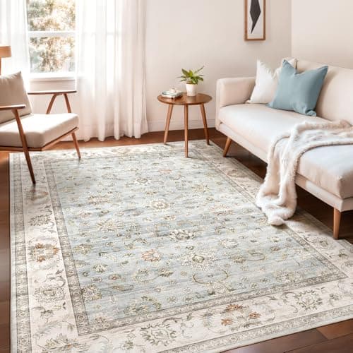 WITSHOCK 5x7 Washable Area Rug, Vintage Rug Traditional Floor Cover, Rugs for Living Room Bedroom Kitchen Accent, Non-Slip Stain Low Pile Resistant Floor Carpet, Light Blue - Image 1