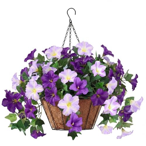 AMORISE Hanging Artificial Flowers for Outdoors, Patio Decorations Outdoor Fake Hanging Decoration, Look Real UV Resistant Artificial Flowers for Porch Patio Balcony Garden Home Decor(Purple) - Image 1