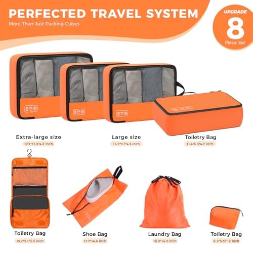 8-Piece Compression Packing Cubes for Travel, Bright & Lightweight Luggage Organizer System for Outdoor Travel & Adventure, Space Save for Backpack, Duffel Bag & Suitcase- Orange - Thumbnail 5