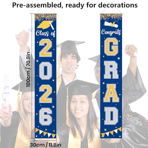 Graduation Decorations 2026 GRAD Banner Blue Porch Door Sign Welcome Banner For Indoor Outdoor Wall Graduation Decorations Class of 2026 - Thumbnail 3