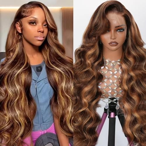 WISHGIRL 34 Inch Highlight Ombre Lace Front Wig 13x4 Full Frontal Lace Wig Skinlike HD Lace Wig Body Wave lace front Wigs for Women 15A Pre Plucked with Baby Hair 4/27 honey blonde 200% Density - Image 1