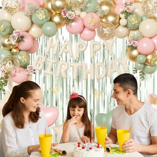 Pink and Sage Green Birthday Decorations, Pink Green Sand White Metallic Gold Foil Confetti Balloons Happy Birthday Banner Gold Butterfly Fringe Curtains Birthday Decorations for Women Girls Teens - Thumbnail 4