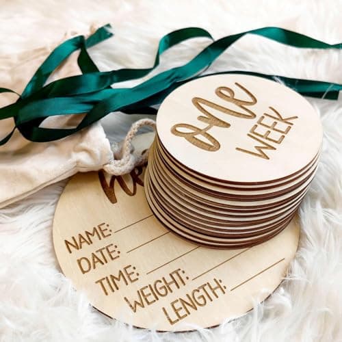Wooden Milestone Cards and Discs 16pc Set for Baby Photos and First Year Milestones - New Parents and Baby Showers with "Hello World" Sign and Monthly Cards from 1-12 Months - Image 1