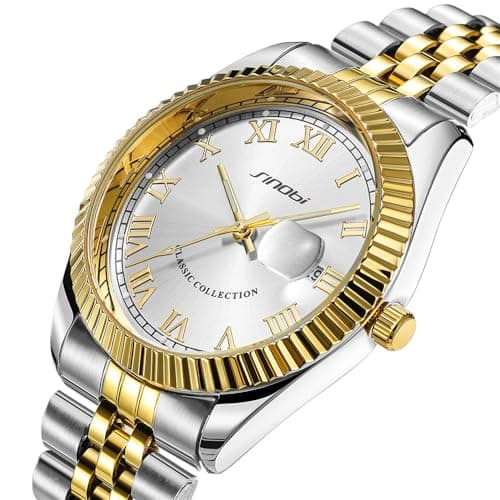 SINOBI Men's Luminous Hand Calendar Date Quartz Watch Classic Stainless Steel Watches for Men (Silver-Gold) - Thumbnail 4