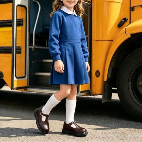 Popusister Toddler Girl School Shoes Brown Mary Janes with Thick Padded Insole and Bow,Toddler Little Kid Round Toe Dress Shoes for School Uniform Wedding Party Church,Comfortable Soft Walking Flats - Thumbnail 2