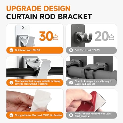 Universal Curtain Rod Holders, No Drill Curtain Rod Brackets, Self Adhesive Curtain Rod Brackets Up to 30 LB, Nail Free Curtain Rod Hooks for Bathroom, Bedroom, Livingroom, Kitchen (4PC, Silver) - Thumbnail 4