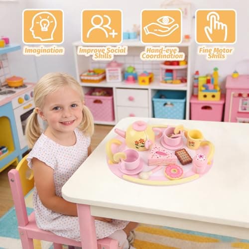 Tea Party Set Wooden Tea Sets for Toddlers 3-5 Play Food Pretend Play Toys Kids Tea Set for Girls 6-8 Birthday Gift Wooden Tea Party Set for Little Girls 3 4 5 6 Years Old Outdoor Tea Time Game - Thumbnail 5