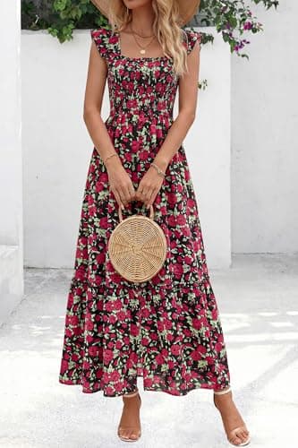 dowerme Womens Summer Maxi Dresses 2026 Casual Ruffle Sleeve Button Smocked Floral Slit Boho Dress Spring Beach Sundress(Black Red Flower,X-Large) - Thumbnail 3