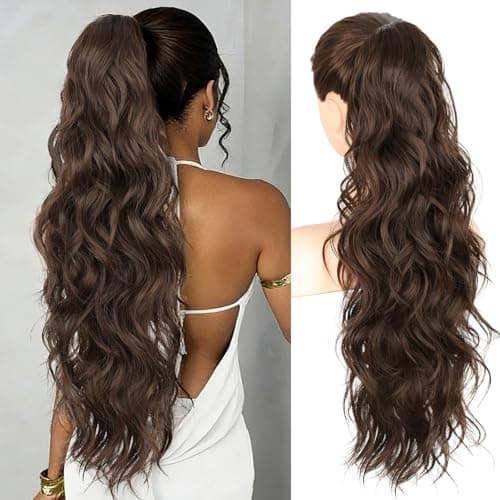 LRSICAL Ponytail Extension, Claw Clip Ponytail Extension Long Wave Ponytail Extensions for Women Fluffy Natural Synthetic Hairpiece for Daily Use 26 InchColor:Dark Brown) - Image 1