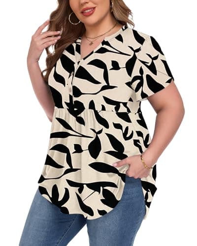 PLOKNRD Womens Plus Size Short Sleeve Tunic Tops Floral T-Shirts V-neck Summer Dressy Blouse Casual Pleated Pullover 2026 4X - Thumbnail 3