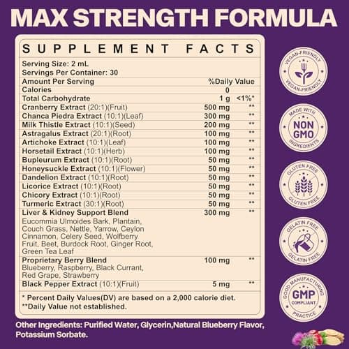 30-in-1 Kidney and Liver Cleanse Detox & Repair Drops with Cranberry Extract, Milk Thistle & Chanca Piedra, Vegan Kidney Support Supplement for Urinary Tract & Liver Support | Blueberry Flavor, 1P - Thumbnail 2