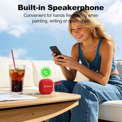 Bobtot Portable Bluetooth Speakers Wireless - IPX7 Waterproof Shower Speaker with 16 Hours Playtime, Loud Stereo Sound, TWS, Built-in Mic, Mini Size with Lanyard to Carry, Red - Thumbnail 5
