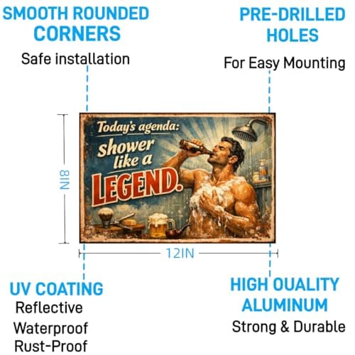 Today's Agenda Shower Like a Legend Vintage Metal Tin Sign 8x12 Inch Funny Bathroom Wall Decor Retro Rustic Humor Plaque for Shower Room Man Cave Bar Home with Pre Drilled Holes - Thumbnail 5
