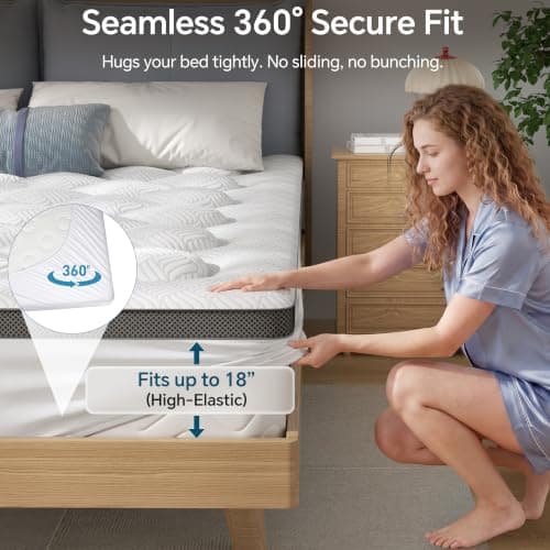 GHLPECYO 3 Inch Extra Thick Queen Size Mattress Topper, Cloud-Like Pillow Top Mattress Pad with Bamboo Viscose & Memory Foam Filling, 18‘’ Deep Pocket Bed Topper, Breathable Air Mesh Sides, White-grey - Thumbnail 5
