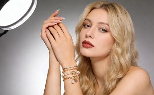 Alegend 14K Gold & Pearl Layered Bracelet Set - Freshwater Pearl, Paperclip Chain & Textured Cuff Stackable Bracelets - Thumbnail 4