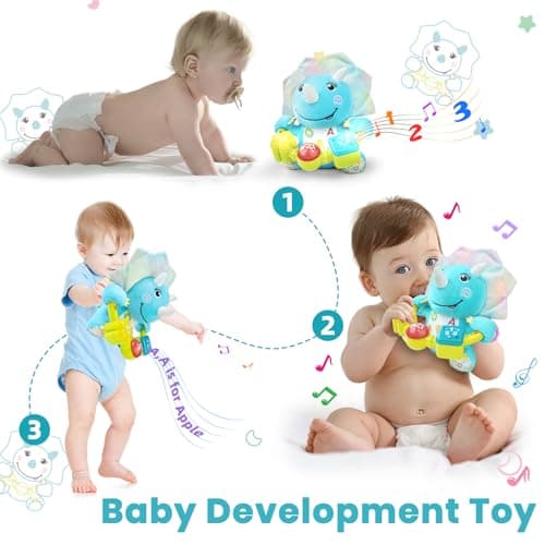 Holaxander Baby Dino Musical Stuffed Animals Toy with Light-Up Music & Crinkle Sound Paper,Infant Bilingual Early Learning Education Toys,Tummy Time Toys for 0-3-6-12+ Months Boy Girl - Thumbnail 4