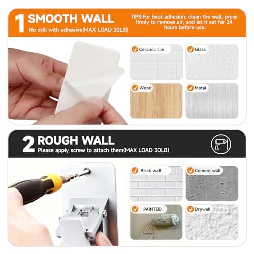 Universal Curtain Rod Holders, No Drill Curtain Rod Brackets, Self Adhesive Curtain Rod Brackets Up to 30 LB, Nail Free Curtain Rod Hooks for Bathroom, Bedroom, Livingroom, Kitchen (4PC, Silver) - Thumbnail 5