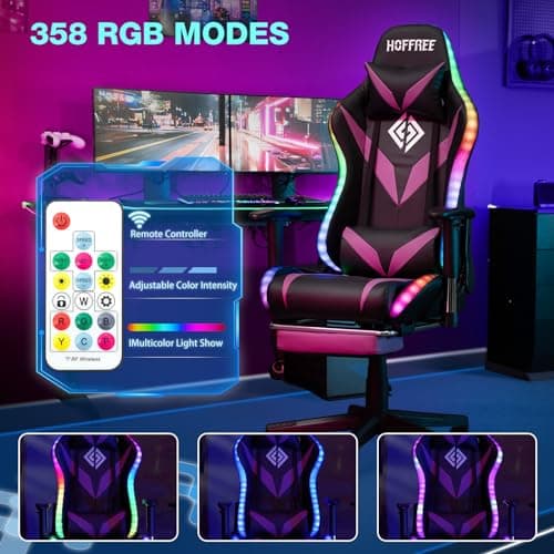Led Gaming Chair with Speakers Massage 165°Reclining Computer Chairs-Purple - Thumbnail 5
