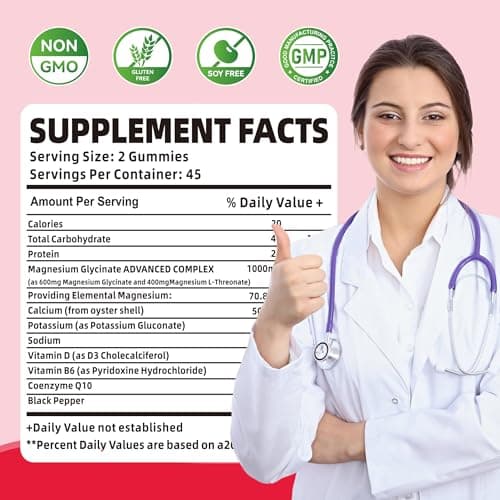 180 CT Magnesium Glycinate Gummies 1000mg - Sugar Free Magnesium Potassium Supplement with Vitamin D, B6, CoQ10 for Calm Mood & Sleep Support - 180 Raspberry Gummies - Thumbnail 4