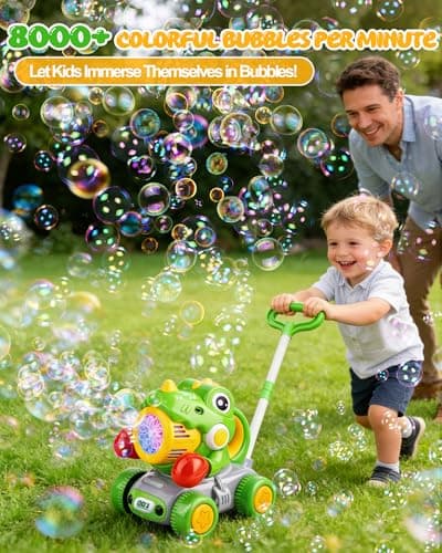 Dinosaur Bubble Lawn Mower for Toddlers, Rechargeable Automatic Bubble Blower with Lights,Handheld and Push 2 in1 Bubble Blower for Kid, Perfect for Party Favors and Activities for Girls and Boys - Thumbnail 3