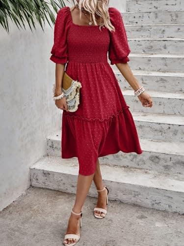 PRETTYGARDEN Women's Summer Casual Midi Dresses 2026 Spring Puff Sleeve Square Neck A Line Flowy Boho Smocked Beah Vacation Dress (Red,2XL) - Thumbnail 3