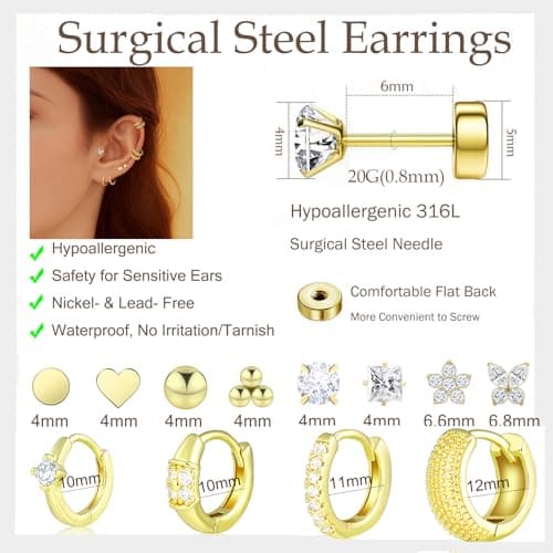 Wgoud 12 Pairs Hypoallergenic Surgical Steel Earrings for Sensitive Ears Waterproof Trendy Gold Plated Small Stud Flat Back Stainless Steel Earrings for Women Men Hoop Cartilage Earring Set for Multiple Piercing (Gold-tone) - Thumbnail 6