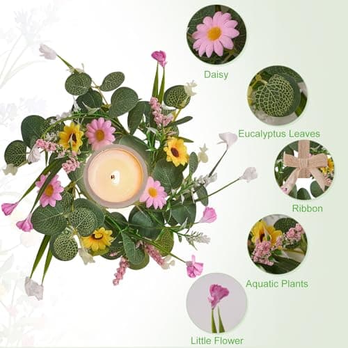 11.8 Inch Spring Summer Wreath, 4 Pcs Small Wreath Decorations with Daisy & Eucalyptus Leaves & Grass for Home, Door, Porch, Table, Candle Rings, Wall, Window, Cabinets（4, Spring Summer Wreath - Thumbnail 4