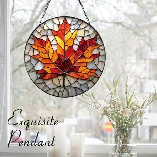 Zizzie Stained Glass Maple Leaf Suncatcher - 7.9" Real Glass Fall Autumn Window Hanging, Weatherproof Rustic Thanksgiving Decor, Seasonal Nature Gift for Women Mom - Thumbnail 5