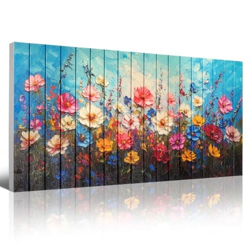 llribbons Flowers Canvas Ribbon Wall Art Red White Yellow Pink Floral Prints Nature Landsacpe Painting Modern Artwork Handmade 3D Woven Textured for Living Room Bedroom Home Decor Framed 20" x 40" - Image 1