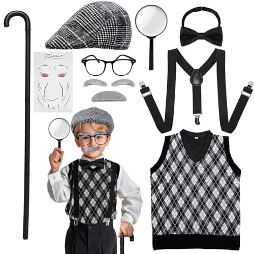 Skirfy Kids 100 Days of School Costume for Boys, Old Man Costume for Kids with Old Man Hat and Grandpa Vest,Cosplay Grandpa Dress Up Accessories - Image 1