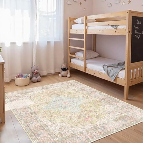 OHWPEAT 4x6 Area Rugs for Living Room, Bedroom, Small Washable Orange Rugs, Entryway Non Slip Rug, Neutral Floral Vintage Boho Soft Indoor Carpet for Nursery, Bathroom, Office - Thumbnail 2