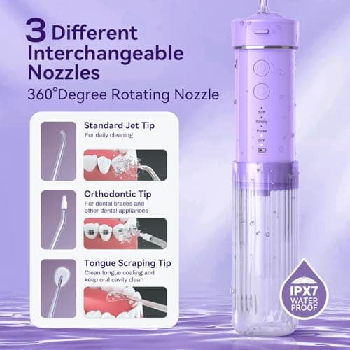 JTF Portable Water Flosser for Travel: Compact Mini Design, 3 Modes & 8 DIY Pressure Levels for Sensitive Teeth & Braces - with 5 Nozzles & Removable 230ml Tank, Cordless Oral Irrigator for On-The-Go - Thumbnail 5
