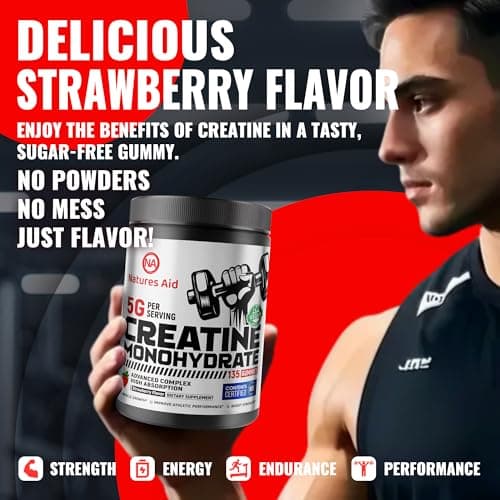 Natures Aid NSF Certified Creatine Gummy 5g - Creatine Monohydrate Gummies – Pre-Workout Energy & Muscle Growth Support for Men & Women | Strawberry Electrolyte Gummies (135 Count) - Thumbnail 6