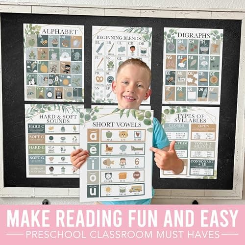 Hadley Designs Phonics Posters For Classroom - 9 Sound Wall Classroom Phonics For Kindergarten & Elementary, Syllable Types, Long and Short Vowel Sounds, Digraphs & Blends, Greenery Bulletin Board Set - Thumbnail 6