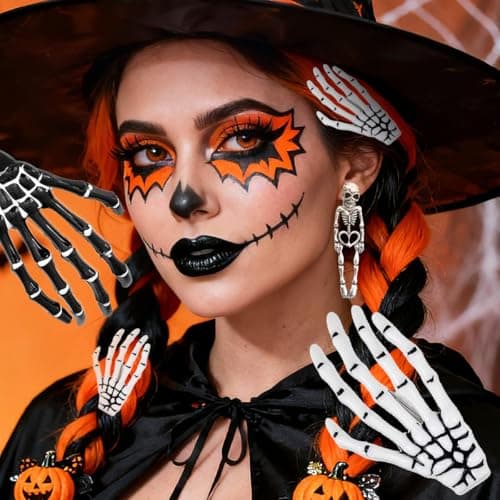 Halloween Hair Clips Skeleton Hands Bone 6Pcs White and Black, Punk Rock Horror Alligator Barrettes Hair Clip for Women Girls Hair Accessories(Hairpin, 6 Pcs) - Thumbnail 2