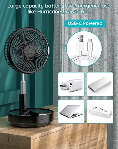 Primevolve Portable Fan, |21H Battery|7200mAh Rechargeable Oscillating Fan with Remote, Foldable Telescopic 7.7" for Travel Camping Cruise Hotel Bedroom, Black - Thumbnail 6
